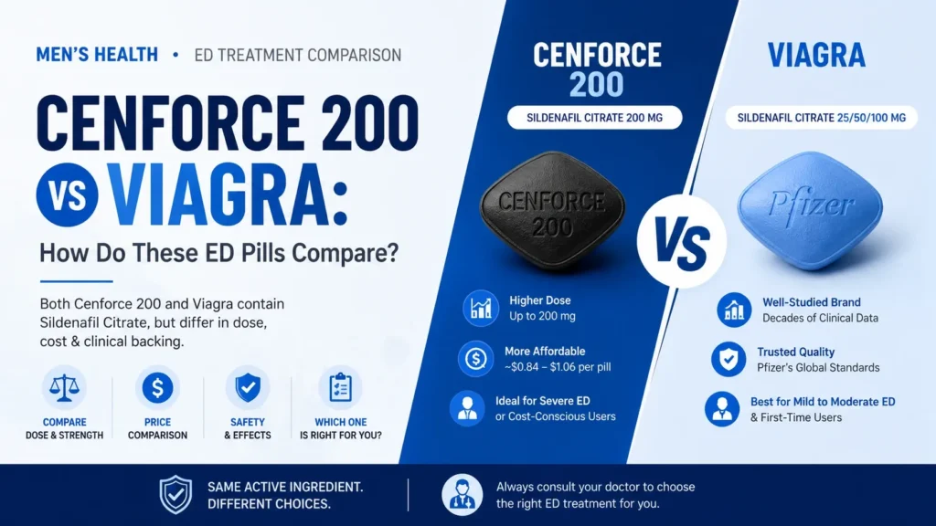 Cenforce 200 vs Viagra comparison showing Sildenafil dosage strength, cost, effectiveness, safety profile and ED treatment options.