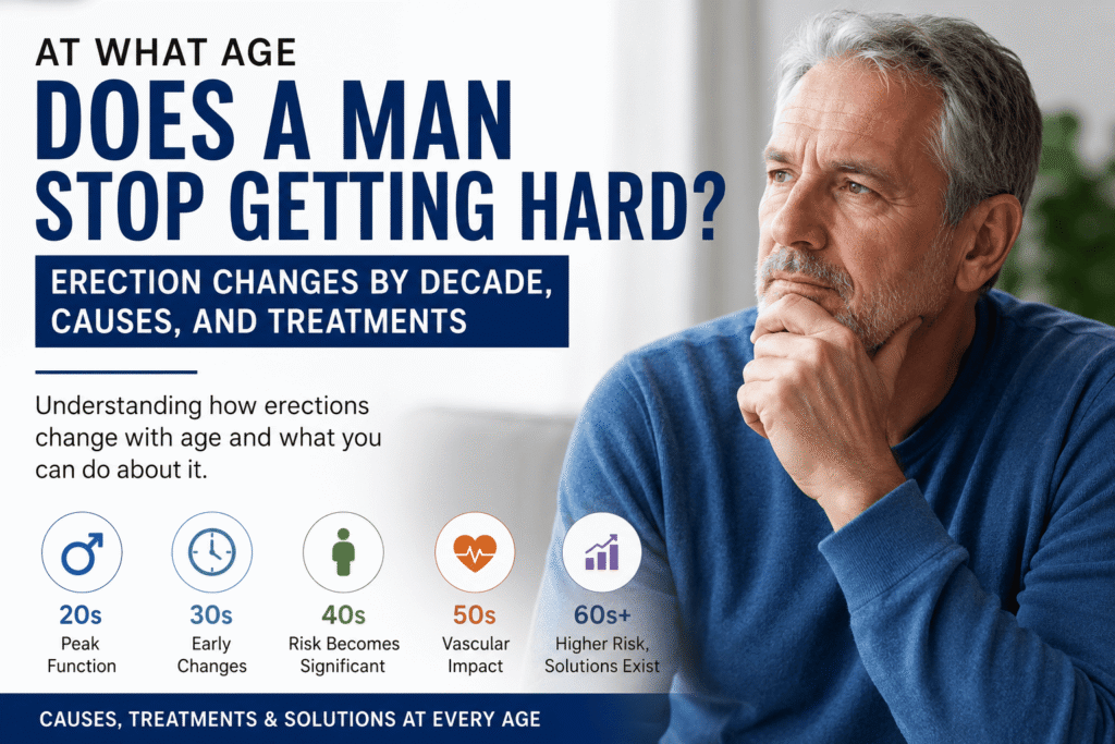 At what age does a man stop getting hard? Erection changes by decade, causes, and treatments infographic