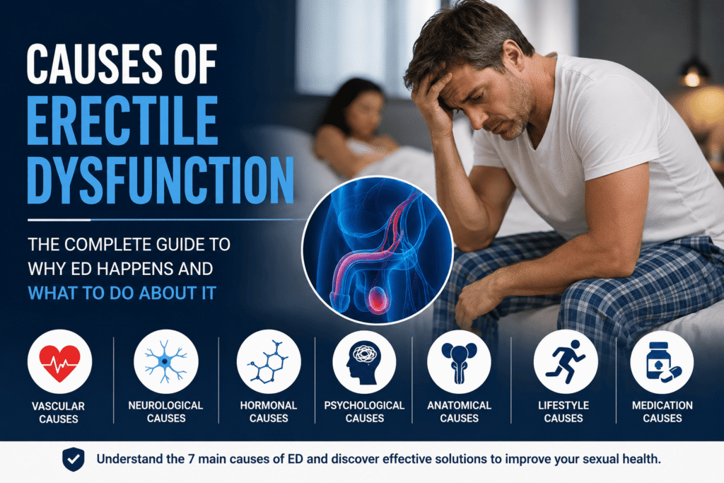 Causes of Erectile Dysfunction – Complete guide explaining vascular, neurological, hormonal, psychological, anatomical, lifestyle, and medication-related causes of ED.