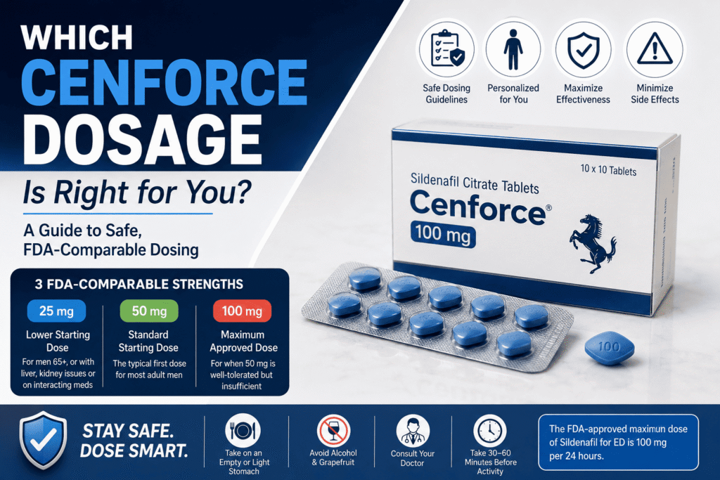 Cenforce dosage guide showing 25 mg, 50 mg and 100 mg safe dosing options