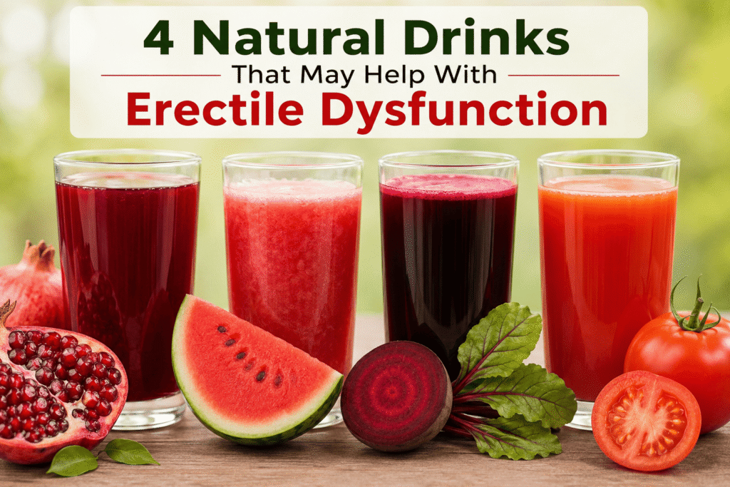 4 natural drinks for erectile dysfunction that may help with erectile dysfunction including pomegranate, watermelon, beetroot, and tomato juice