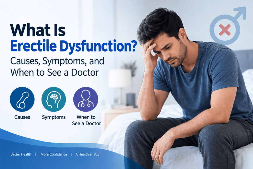 What is erectile dysfunction? A medical illustration explaining ED causes, symptoms, risk factors, and when to see a doctor.